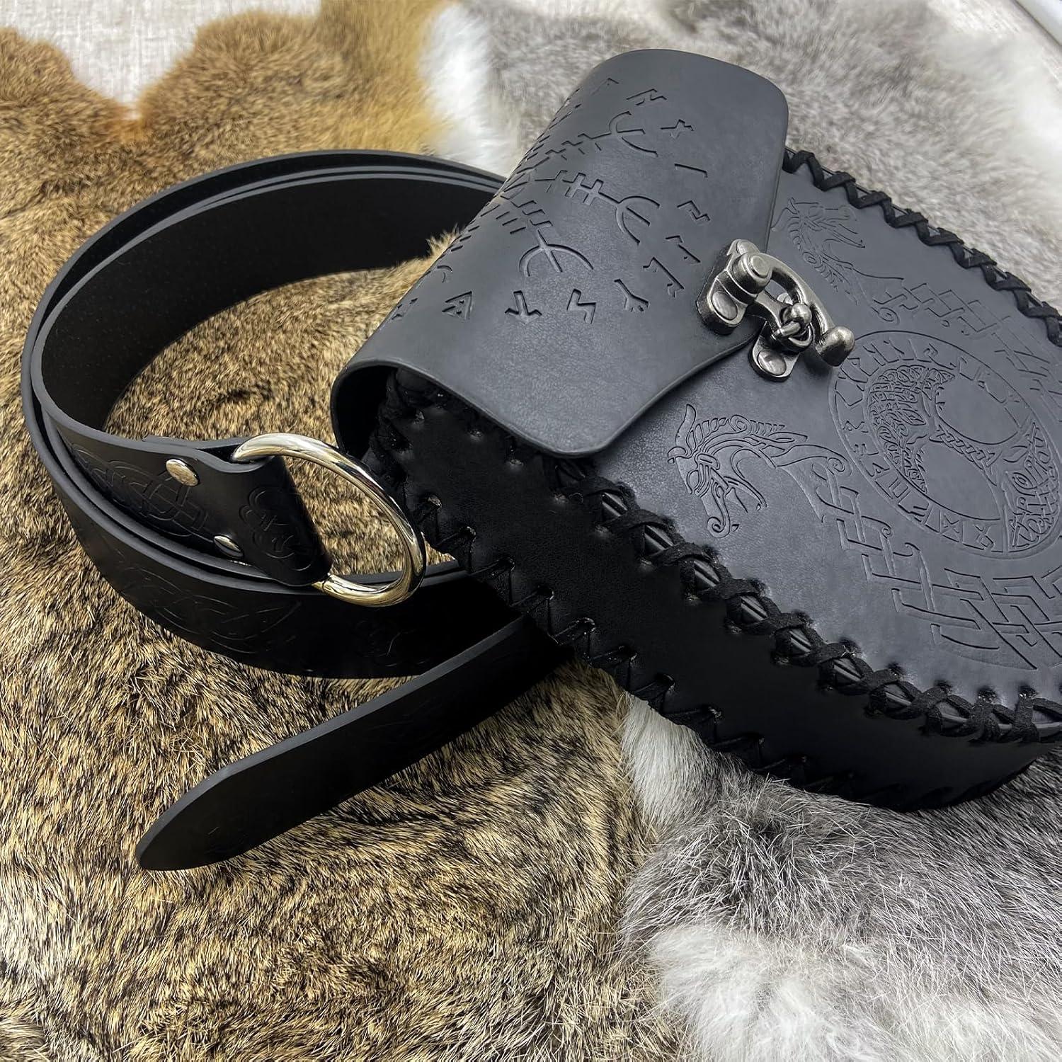 HiiFeuer Medieval Embossed O Ring Belt with Nordic Embossed Belt Bag, Vintage Faux Leather Belt and Belt Pouch Set for LARP - HiiFeuer Store