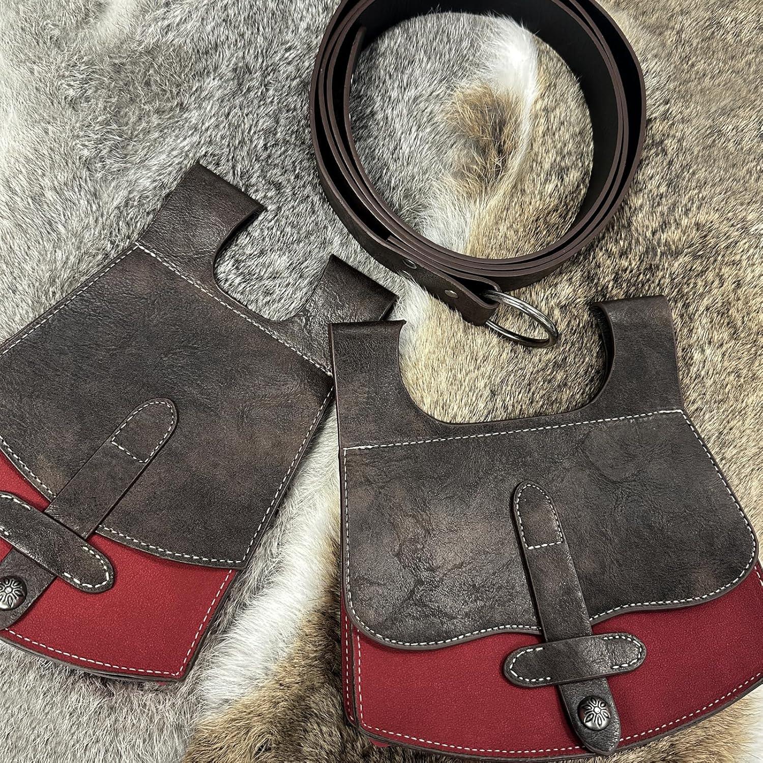 HiiFeuer 3PCs Medieval Faux Leather Belt with Vintage Handmade Belt Bag and Retro Knight Waist Bag, Renaissance Belt Pouch Set - HiiFeuer Store