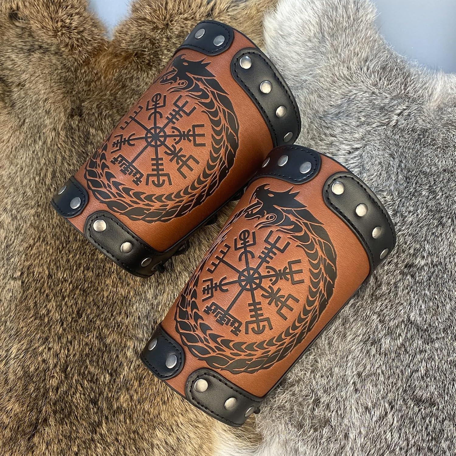 HiiFeuer Embossed Viking Symble Faux Leather Arm Armor, Viking Gauntlet Bracers, Knight Arm Guards for LARP Ren Faire - HiiFeuer Store